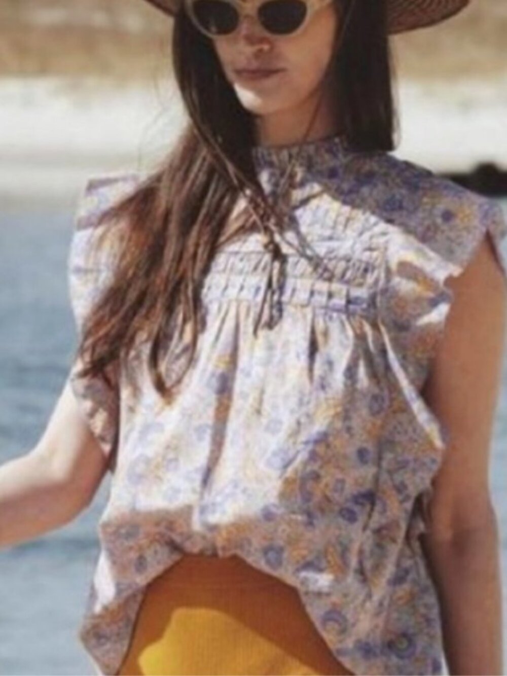 Love The Label Josepha Top Blouse Floral Ruffle Lavender Pleated Cotton Sz Large